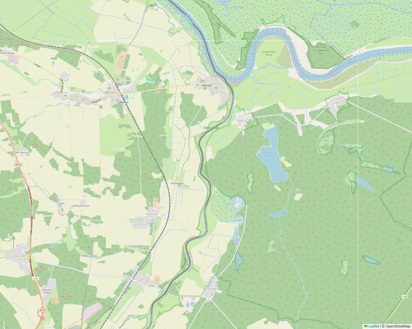 Współczesna mapa terenu nad Odrą i Nysą Łużycką